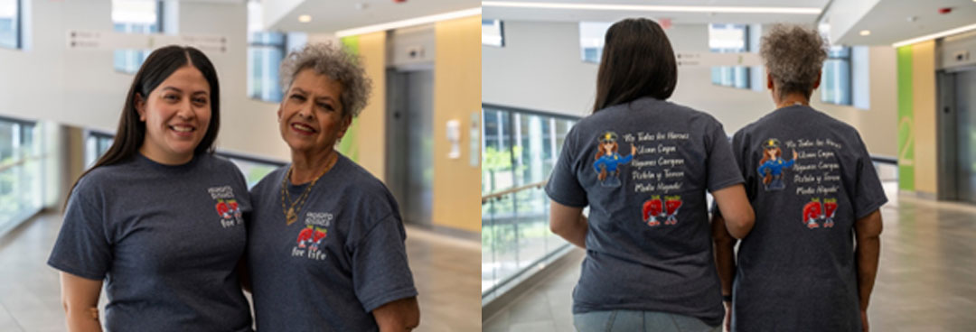 Officer Julia Garcia-Martinez with her mother Francisca Garcia wearing matching liver buddy t-shirts.