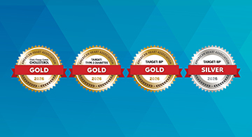 This is an image of the AHA award badges on a blue background